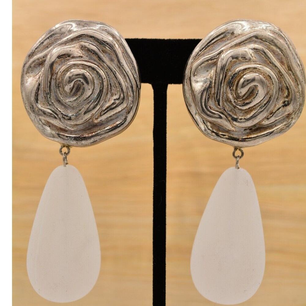 Vintage Frosted Glass Flower Rose Dangle Clip On Statement Earrings Chunky A20